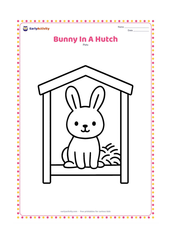 Colouring page: Draw a friendly bunny sitting inside a simple open-front hutch with a thick floor and a pile of hay. Show the hutch roof and two wide wooden side panels without adding signs or labels.