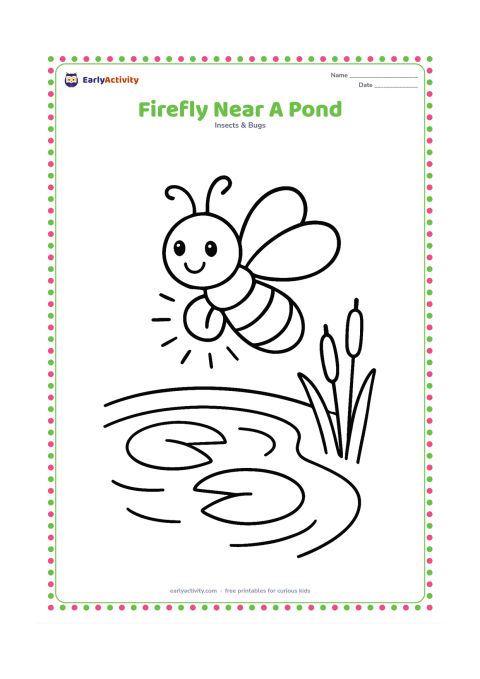 Colouring page: Draw one glowing firefly hovering over a small pond with a simple curved shoreline, two large lily pads, and three wide reeds.