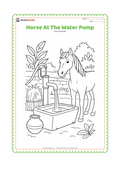Colouring page: A horse stands beside a hand water pump in an Indian farmyard while water flows into a large trough. Add a clay pot, a hay bundle, a low wall and leafy plants.