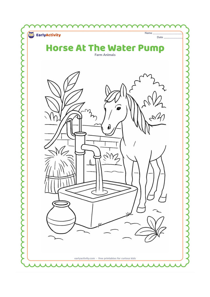 Colouring page: A horse stands beside a hand water pump in an Indian farmyard while water flows into a large trough. Add a clay pot, a hay bundle, a low wall and leafy plants.