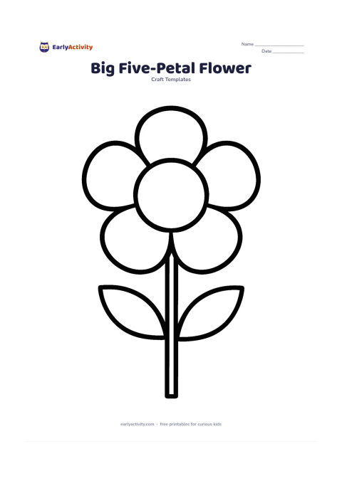 Worksheet: A single very large flower with five rounded petals, a wide circular centre, one straight stem and two simple leaves. Centre it on the page with plenty of empty space around the bold…