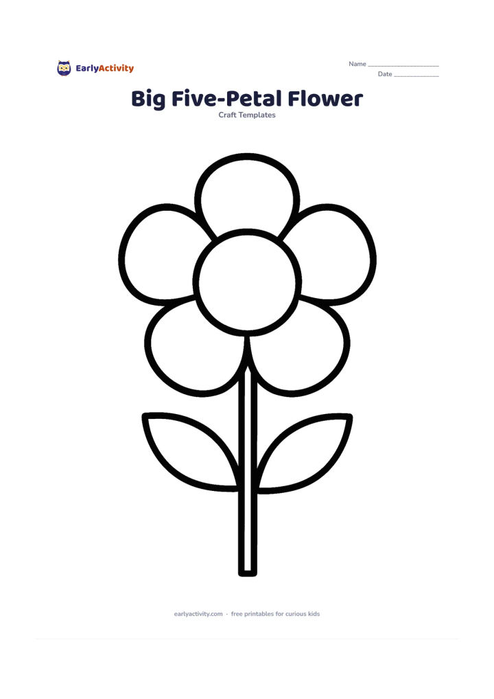Worksheet: A single very large flower with five rounded petals, a wide circular centre, one straight stem and two simple leaves. Centre it on the page with plenty of empty space around the bold…