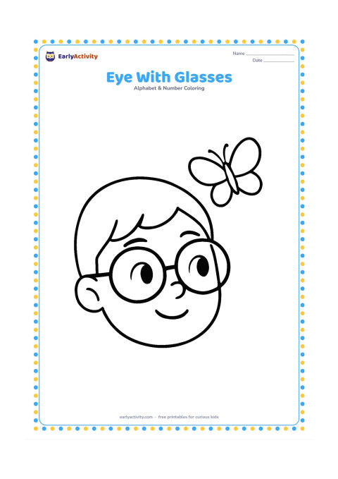 Colouring page: Draw a friendly face wearing large round glasses, with both eyes looking toward a butterfly outside the frame. Add eyebrows, a small nose and a few simple eyelashes.