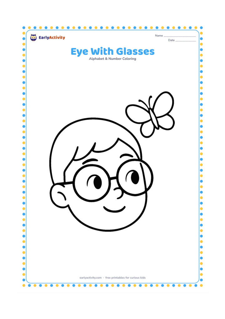 Colouring page: Draw a friendly face wearing large round glasses, with both eyes looking toward a butterfly outside the frame. Add eyebrows, a small nose and a few simple eyelashes.