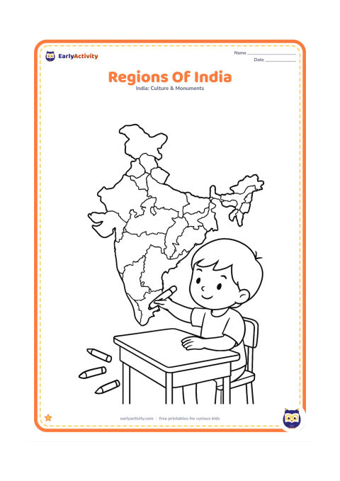 Colouring page: Draw a clear India outline divided into several large, simplified regional areas without labels, with a child colouring one region using a crayon. Include a small school desk and a few…