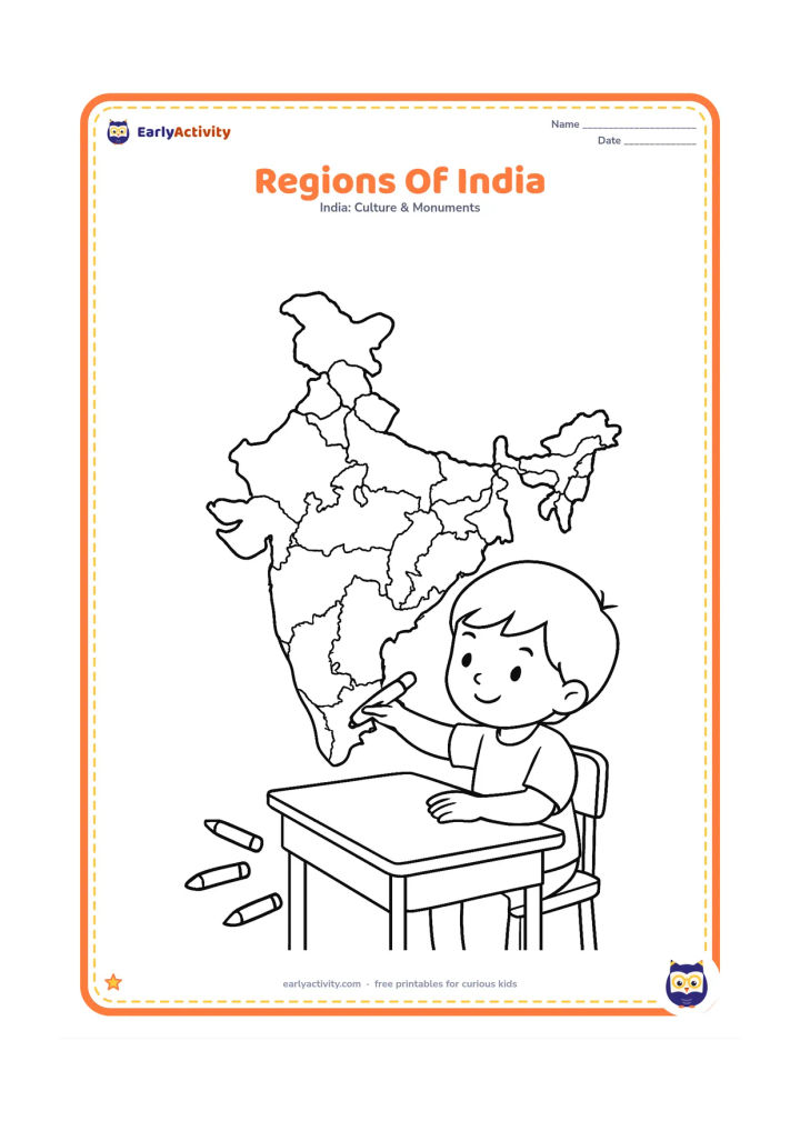 Colouring page: Draw a clear India outline divided into several large, simplified regional areas without labels, with a child colouring one region using a crayon. Include a small school desk and a few…