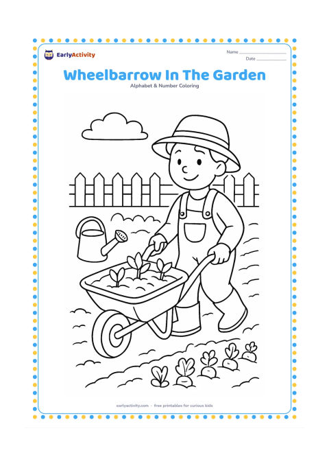 Colouring page: Draw a gardener pushing a wheelbarrow filled with soil and seedlings through a vegetable garden. Include rows of plants, a watering can, and a simple fence behind the gardener.
