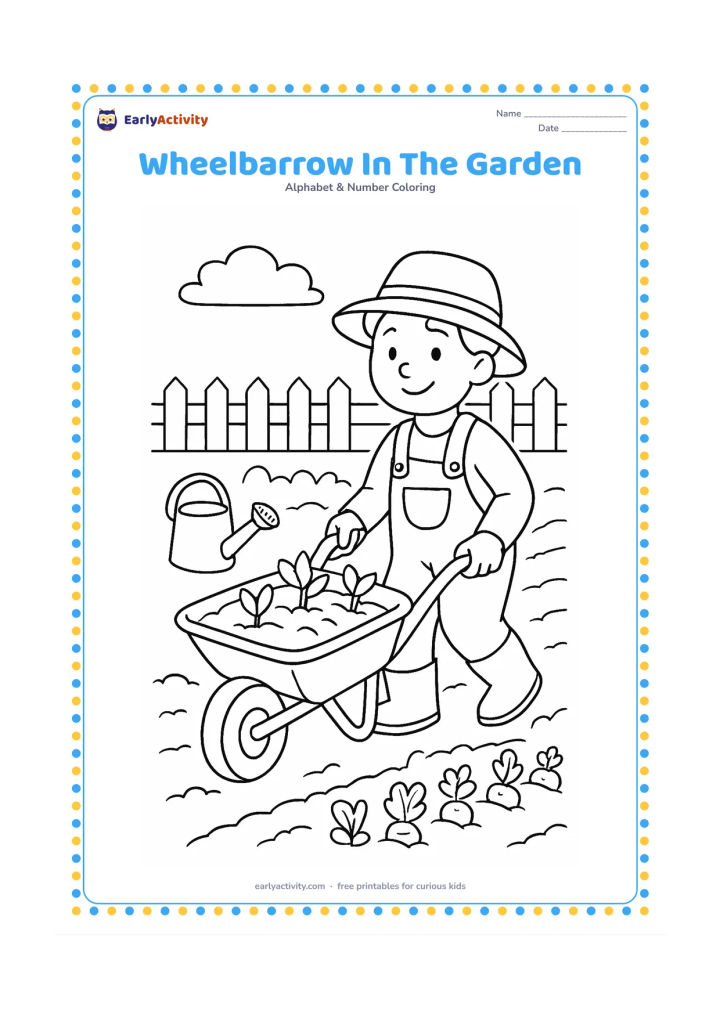Colouring page: Draw a gardener pushing a wheelbarrow filled with soil and seedlings through a vegetable garden. Include rows of plants, a watering can, and a simple fence behind the gardener.
