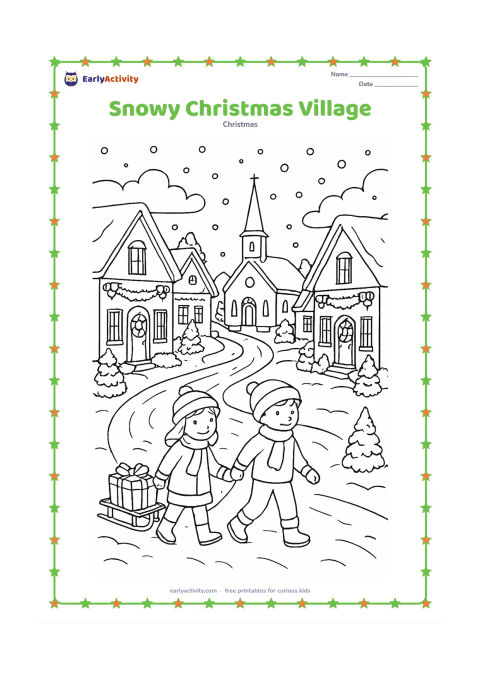 Colouring page: A detailed village street curves past snow-covered homes decorated with wreaths, garlands and tiny trees, leading toward a central church-like building with a plain steeple. Children…