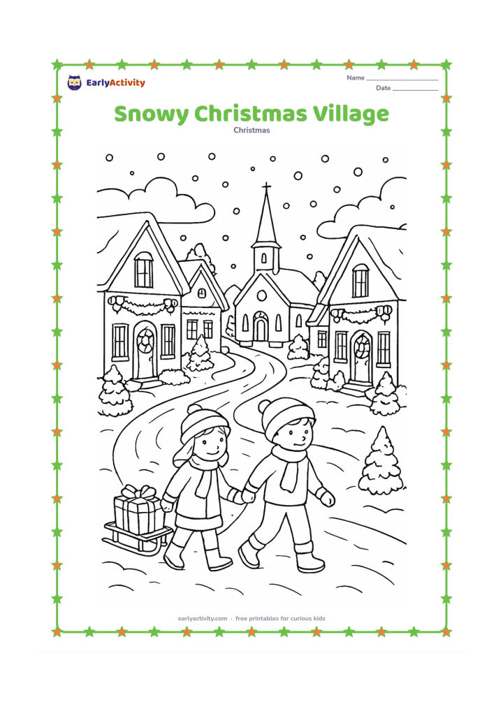 Colouring page: A detailed village street curves past snow-covered homes decorated with wreaths, garlands and tiny trees, leading toward a central church-like building with a plain steeple. Children…