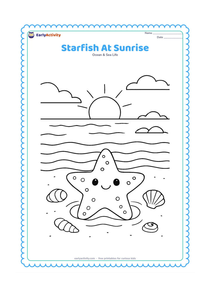 Colouring page: Draw a starfish in a shallow coastal pool at sunrise, with a low horizon, calm wave lines, shells and distant simple rocks.