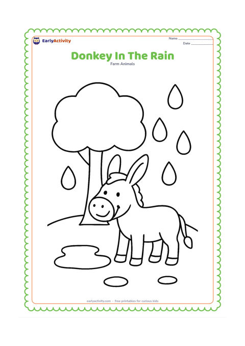 Colouring page: A smiling donkey stands under a broad leafy tree while a few large raindrops fall around the meadow. Show a small puddle beneath the donkey and one simple umbrella-shaped tree canopy.
