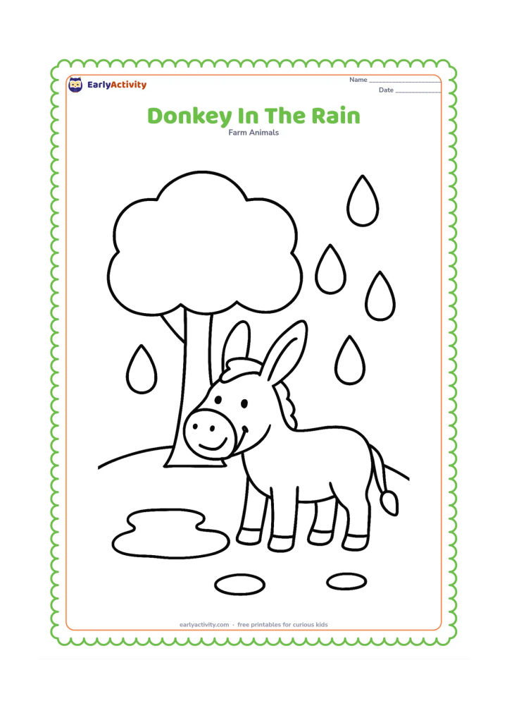 Colouring page: A smiling donkey stands under a broad leafy tree while a few large raindrops fall around the meadow. Show a small puddle beneath the donkey and one simple umbrella-shaped tree canopy.