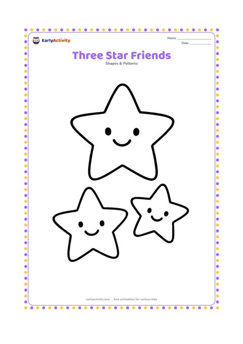 Colouring page: Three large five-point stars grouped together, each with a gentle smiling face and plenty of open space between them.
