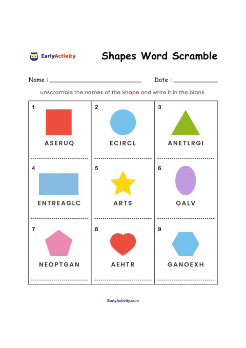 Worksheet with nine coloured shapes, including a square, circle, triangle, rectangle, star, oval, pentagon, heart and hexagon, with scrambled names to solve.