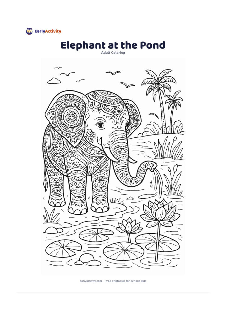 Colouring page: Draw a friendly Indian elephant standing at a lotus pond, gently lifting water with its trunk. Include lotus leaves, reeds, rounded stones, distant palms and a few birds, with a balanced…