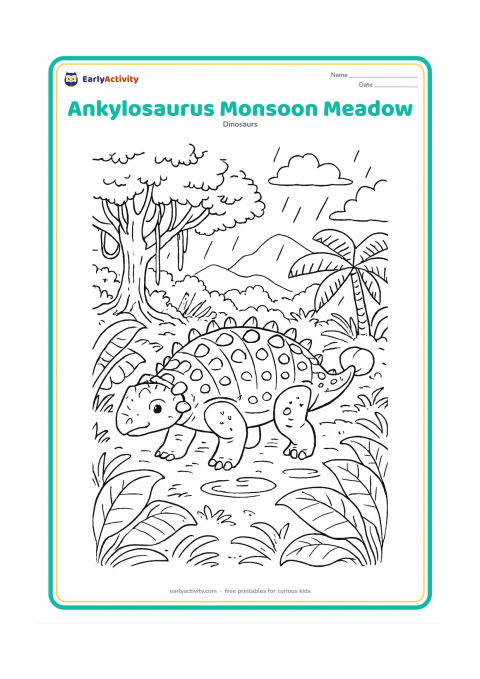 Colouring page: An Ankylosaurus moves through a lush rainy prehistoric meadow with broad leaves, dripping ferns, puddles, misty hills and a large banyan-like tree. Include small water ripples and a…