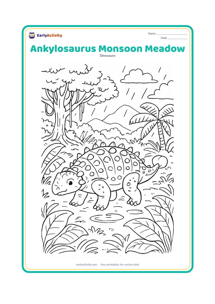 Colouring page: An Ankylosaurus moves through a lush rainy prehistoric meadow with broad leaves, dripping ferns, puddles, misty hills and a large banyan-like tree. Include small water ripples and a…