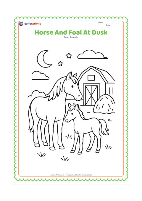 Colouring page: A mother horse and foal stand together in a pasture beneath a dusky sky, with a crescent moon, a few stars, a stable and a haystack. Both horses face toward the stable.