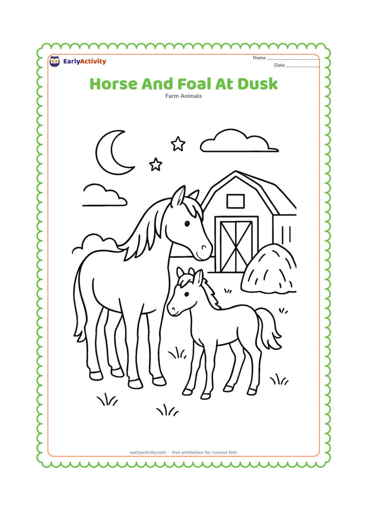Colouring page: A mother horse and foal stand together in a pasture beneath a dusky sky, with a crescent moon, a few stars, a stable and a haystack. Both horses face toward the stable.
