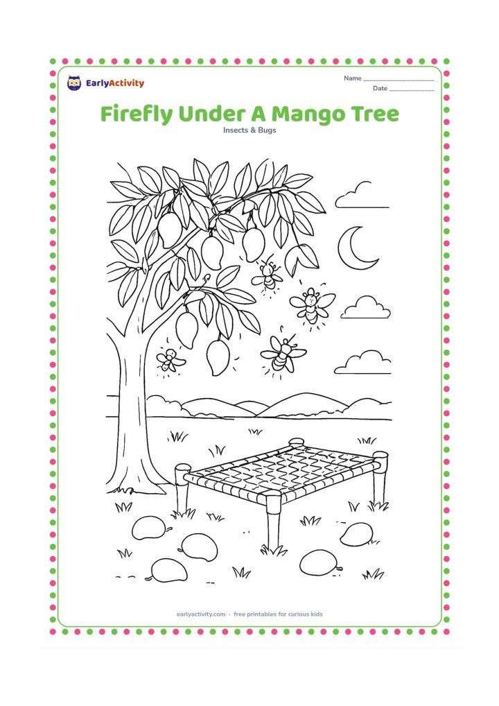 Colouring page: Draw a detailed evening scene beneath a mango tree, with four fireflies among hanging leaves, fallen mangoes, grass, and a simple woven charpai at one side. Include a distant field and…