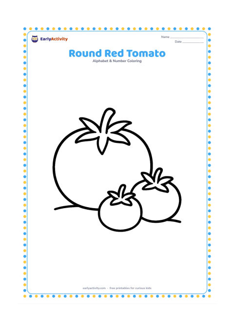 Colouring page: Draw one large round tomato with a leafy top, resting beside two smaller tomatoes on a plain surface. Add a short curved stem and a few simple leaves.