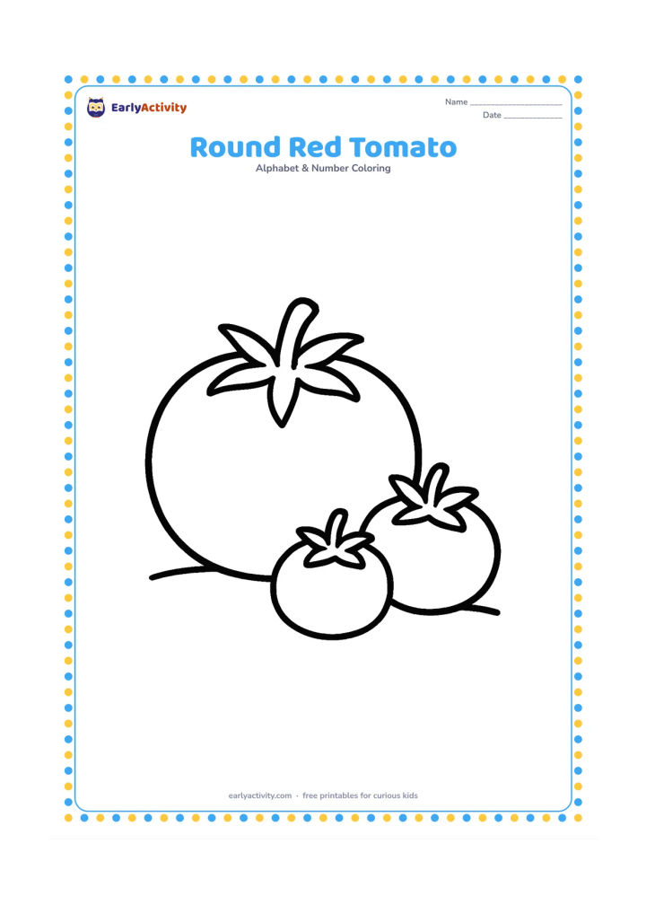 Colouring page: Draw one large round tomato with a leafy top, resting beside two smaller tomatoes on a plain surface. Add a short curved stem and a few simple leaves.