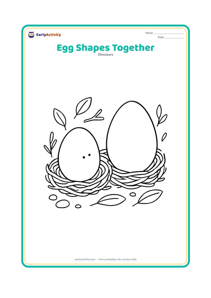 Colouring page: Show one round egg and one longer oval egg side by side in two small natural nests. Surround them with a few matching leaves, twigs, and pebbles, with no labels.
