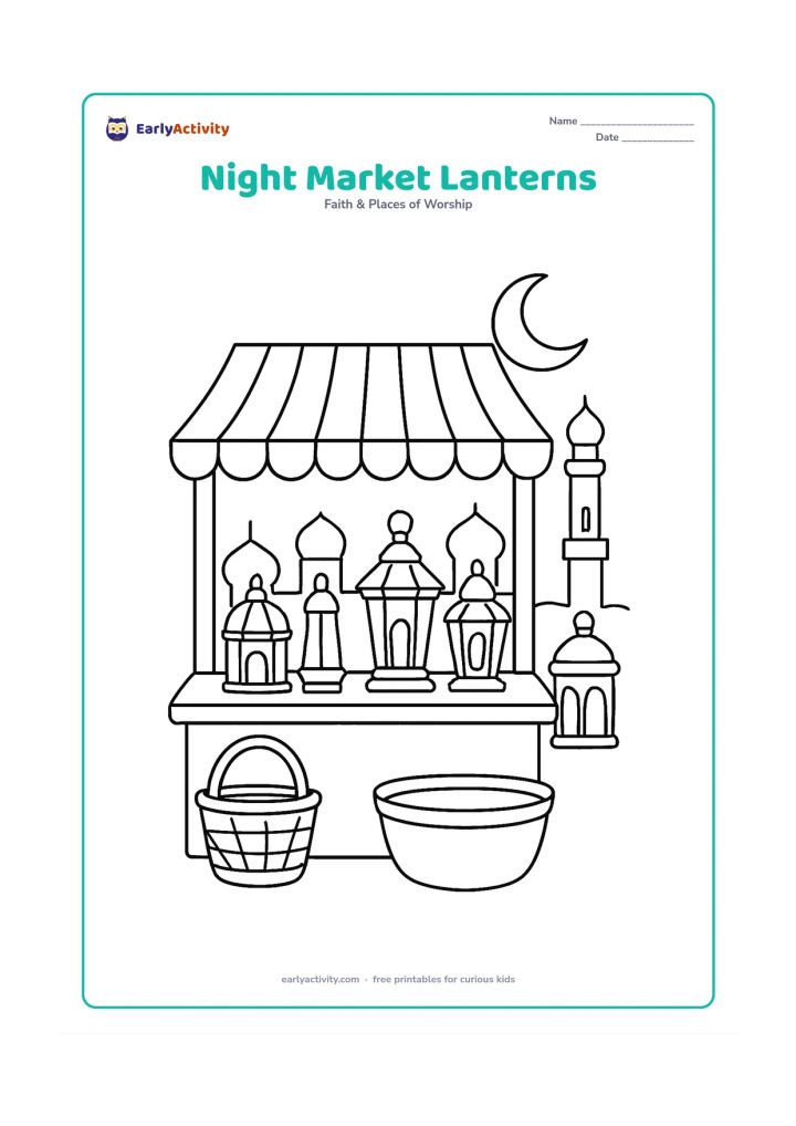 Colouring page: A quiet Ramadan evening market stall displays several lanterns on a counter, with a striped canopy, baskets, a crescent moon, and distant Indian-style rooftops. Leave the stall surfaces…
