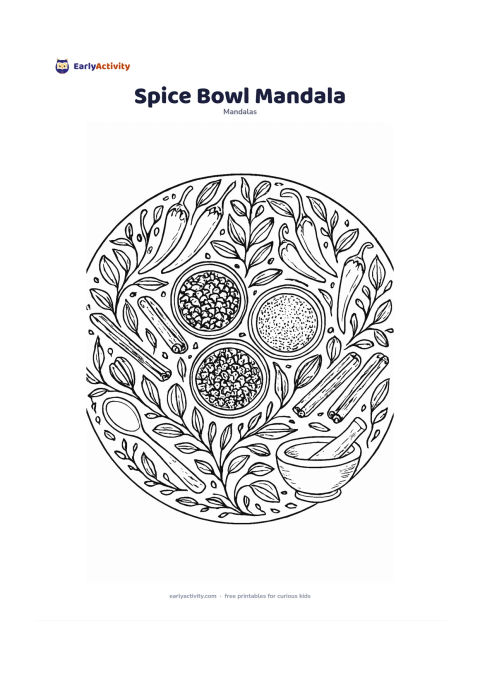Colouring page: Create a circular mandala with three small spice bowls at the centre, surrounded by repeating chillies, cardamom pods, cinnamon sticks, cumin-like seeds and curling herb leaves. Add a…