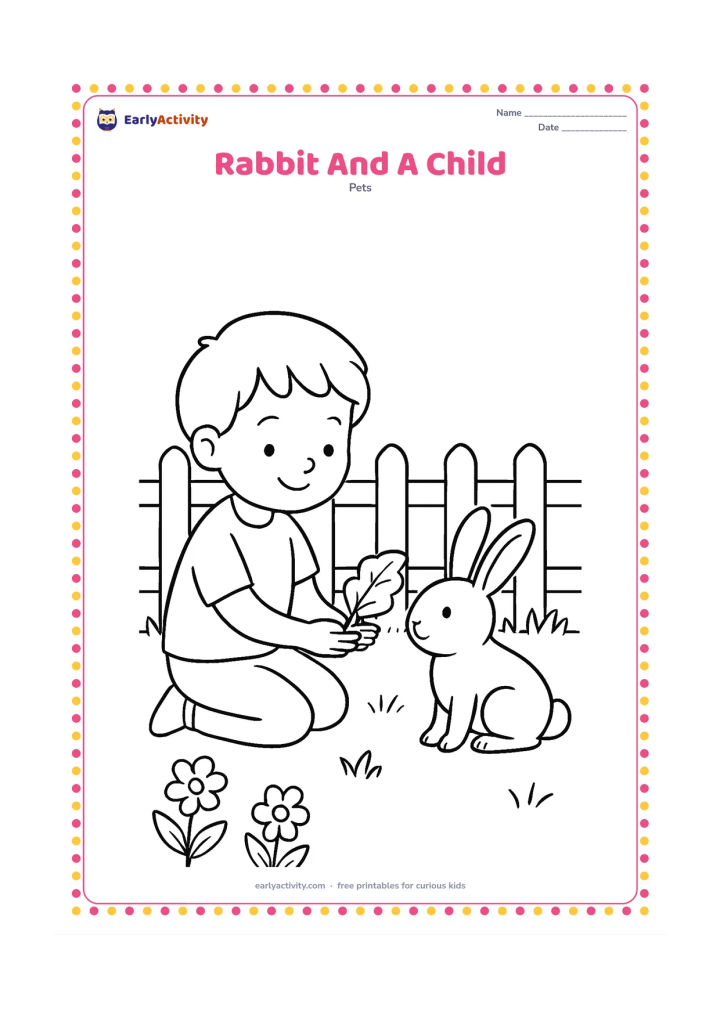 Colouring page: A smiling child sits on the ground and gently offers a leafy vegetable to a calm rabbit. Place them beside a simple garden fence with grass and two flowers.