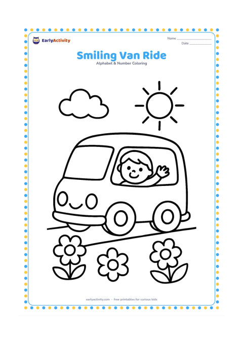 Colouring page: Draw a friendly rounded van parked on a simple road, with a smiling child waving from the window. Add two clouds, a sun, and a few large flowers around the road; keep the van as the main…