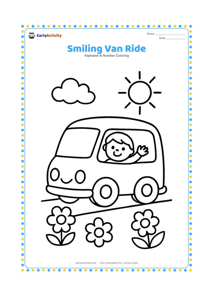 Colouring page: Draw a friendly rounded van parked on a simple road, with a smiling child waving from the window. Add two clouds, a sun, and a few large flowers around the road; keep the van as the main…