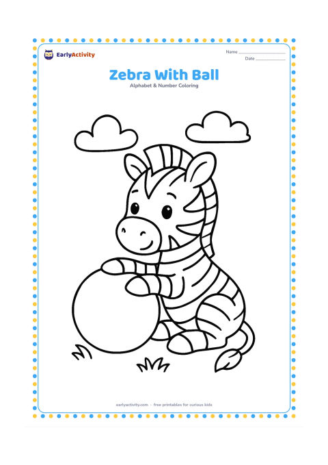 Colouring page: Draw a young zebra sitting beside a large round ball, with its front hooves resting on the ball. Add a simple patch of grass and two broad clouds in the background.