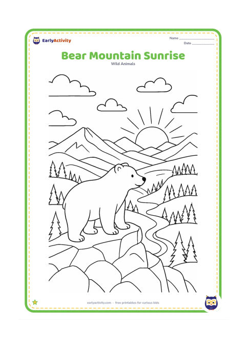 Colouring page: A bear stands on a rocky mountain overlook at sunrise, with layered valleys, pine forests, clouds, distant peaks, and a winding trail below.