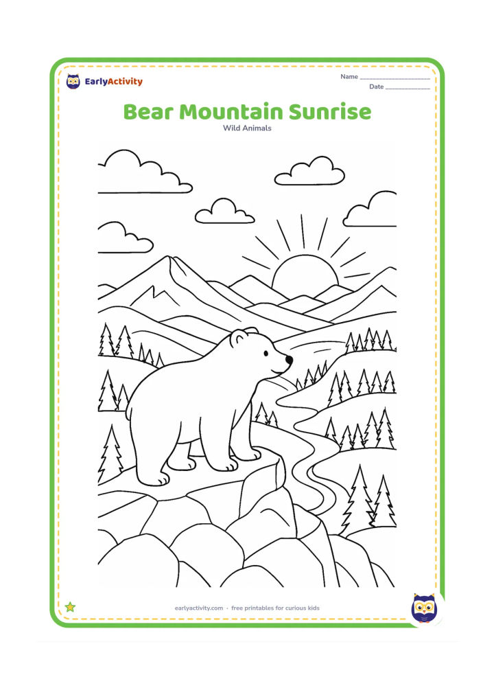 Colouring page: A bear stands on a rocky mountain overlook at sunrise, with layered valleys, pine forests, clouds, distant peaks, and a winding trail below.