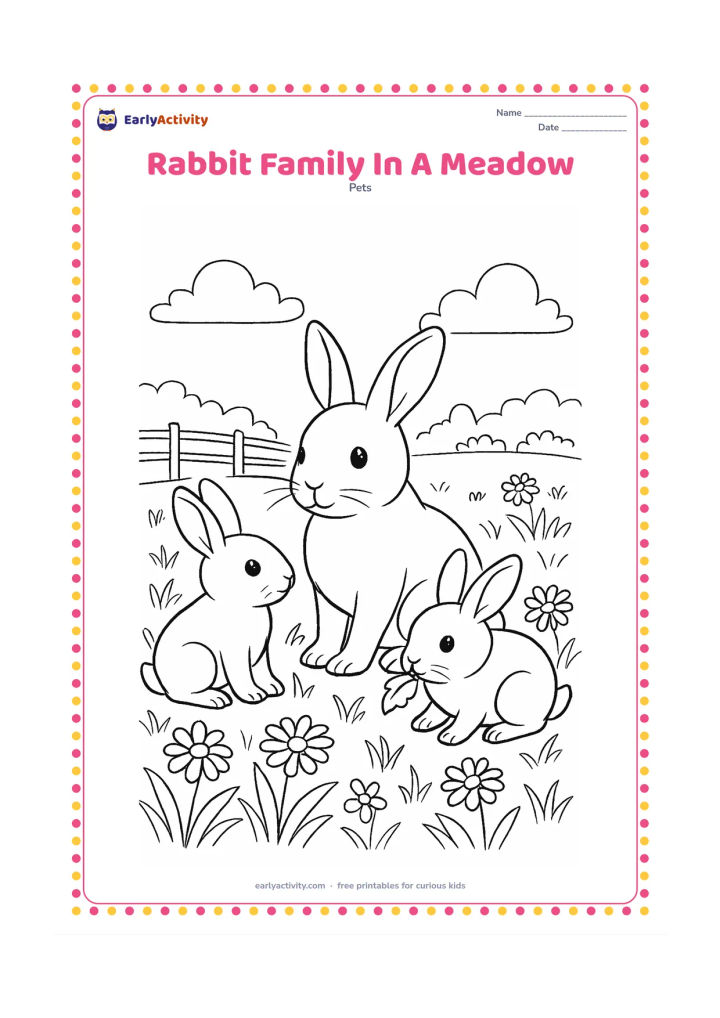 Colouring page: Three rabbits, a large adult and two kits, sit together in a flower-filled meadow, with one kit nibbling a leaf. Add layered grass, daisies, a distant fence and soft clouds.