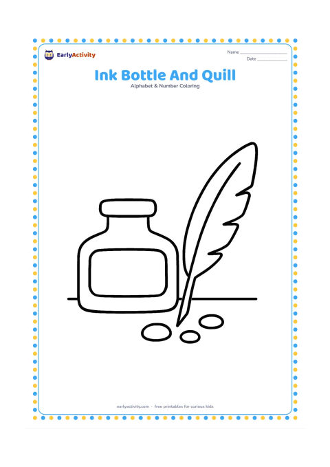 Colouring page: Draw a wide ink bottle beside a large feather quill, with a few rounded ink drops on a tabletop. Leave the bottle label completely blank.