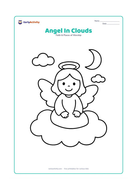 Colouring page: A smiling angel sits on a large fluffy cloud with simple rounded clouds on both sides and a small crescent moon above. Show the wings as two broad, easy-to-colour shapes.