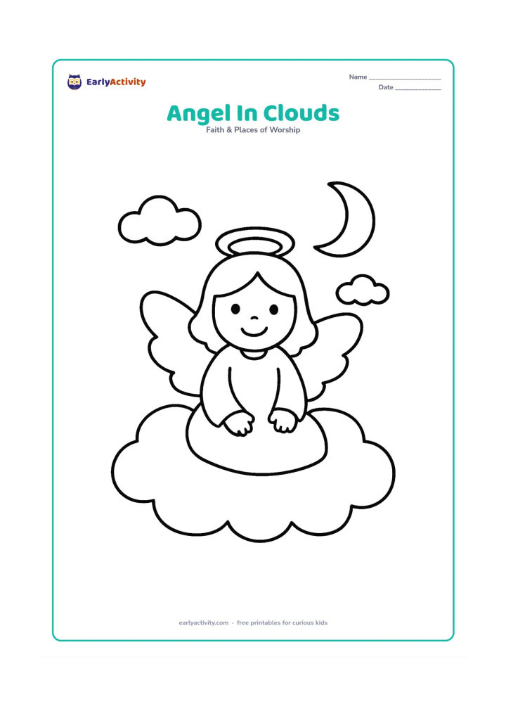 Colouring page: A smiling angel sits on a large fluffy cloud with simple rounded clouds on both sides and a small crescent moon above. Show the wings as two broad, easy-to-colour shapes.
