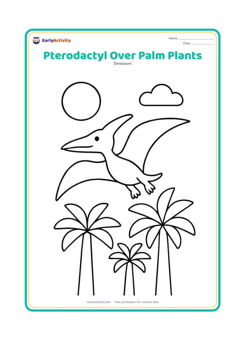Colouring page: Draw a pterodactyl flying above several tall palm-like prehistoric plants, with a large sun and two simple clouds in the background. Show the wings in an easy upward curve.