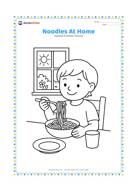Colouring page: Draw a child seated at a dining table, lifting noodles from a bowl with a fork. Include a plate, cup, simple chair, and a window showing a sunny home garden.