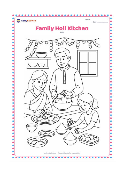 Colouring page: A family prepares festive food in an Indian kitchen before Holi, with one person shaping gujiya, another arranging fruit and a child placing flowers near bowls of gulal. Include…