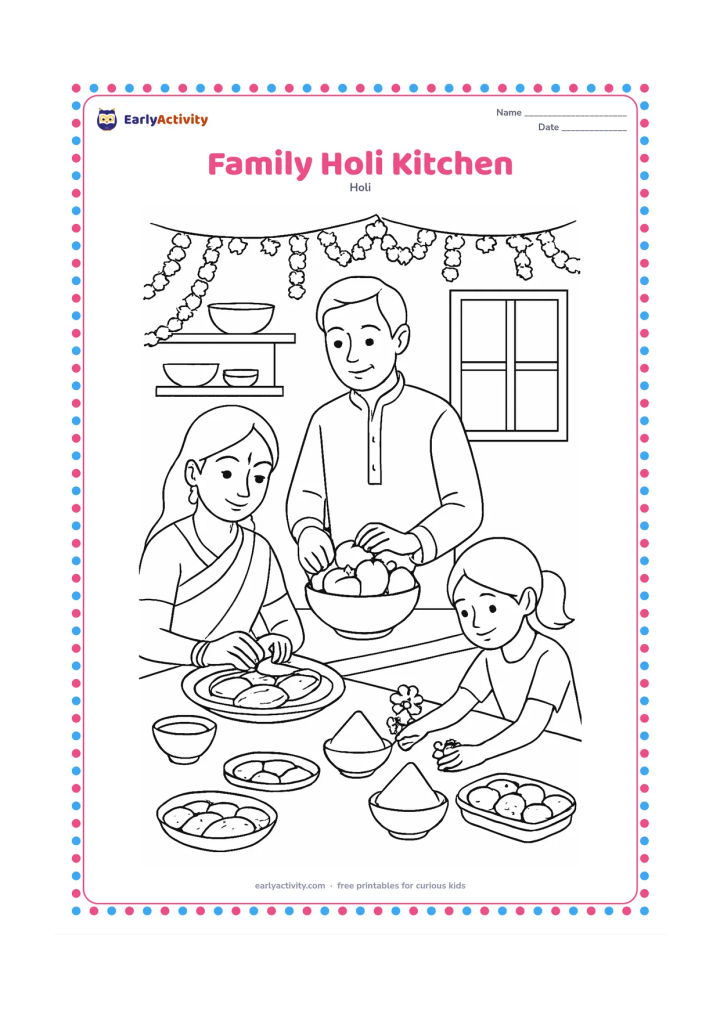 Colouring page: A family prepares festive food in an Indian kitchen before Holi, with one person shaping gujiya, another arranging fruit and a child placing flowers near bowls of gulal. Include…