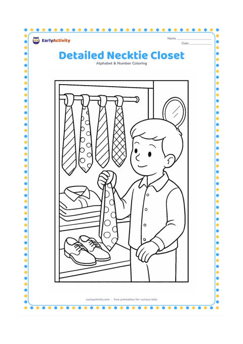 Colouring page: Draw several different neckties hanging neatly in an open wardrobe beside a child choosing one for a celebration. Include a collared shirt, polished shoes, folded clothes, and a small…