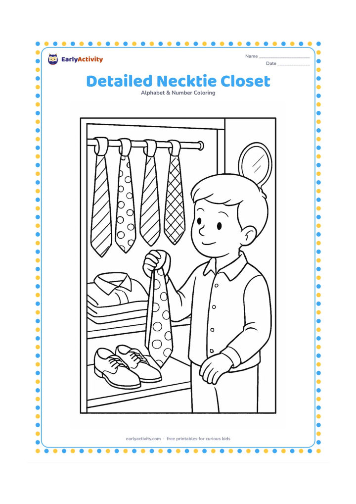 Colouring page: Draw several different neckties hanging neatly in an open wardrobe beside a child choosing one for a celebration. Include a collared shirt, polished shoes, folded clothes, and a small…