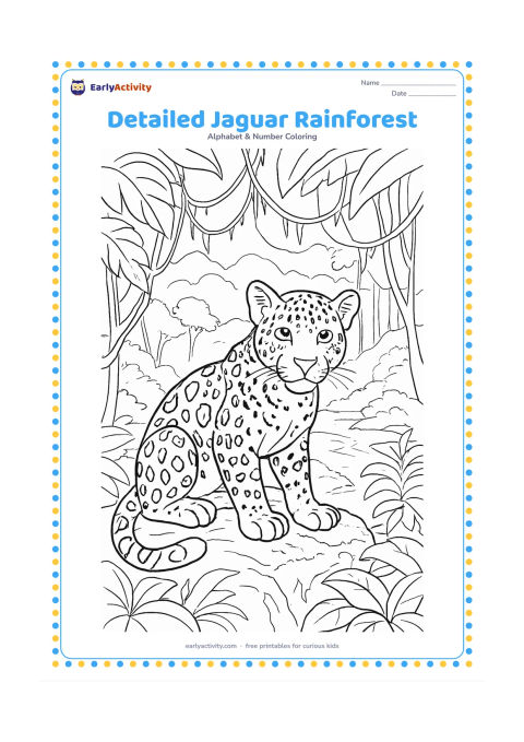 Colouring page: Draw a jaguar crouching on a mossy rock in a lush rainforest at dawn. Include layered broad leaves, hanging vines, distant tree trunks, mist over a stream, and carefully spaced rosette…