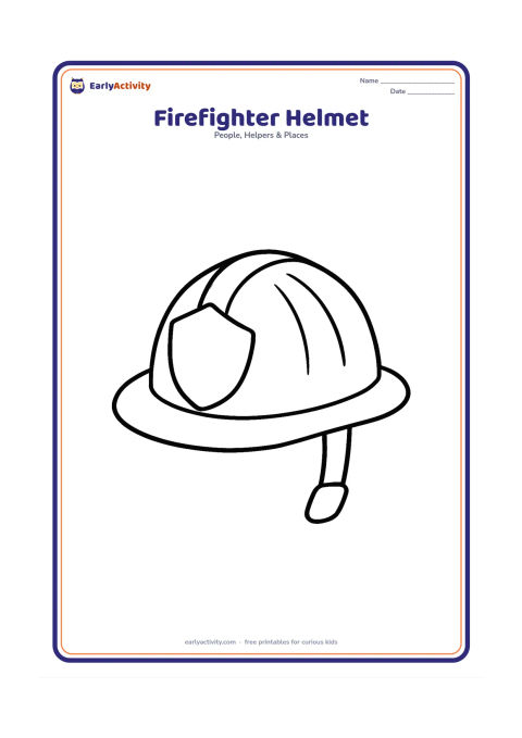 Colouring page: Draw a large firefighter helmet centered on the page, with a simple front shield and a short chin strap beside it. Add only a few small curved lines to show the helmet shape.