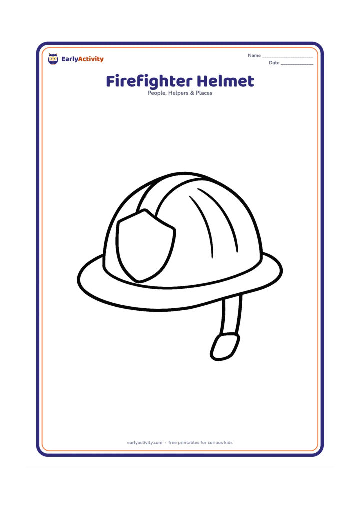 Colouring page: Draw a large firefighter helmet centered on the page, with a simple front shield and a short chin strap beside it. Add only a few small curved lines to show the helmet shape.