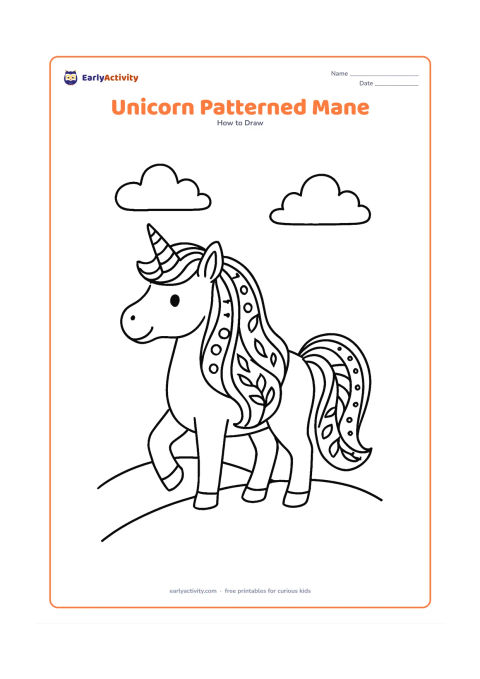 Worksheet: A standing unicorn with a long flowing mane divided into broad sections containing simple swirls, dots and leaf shapes. Add a matching patterned tail, a small hill and two clouds in the…